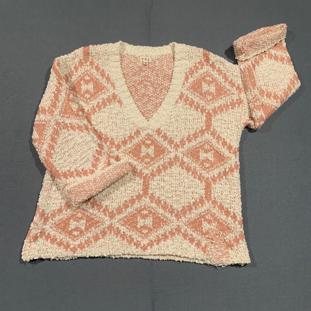 POL Womens Geometric Diamond Knit V-Neck Distressed Sweater Salmon Cream M